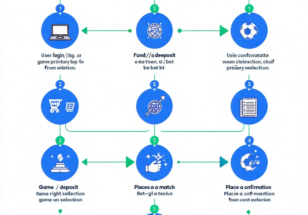 Sơ đồ quy trình đặt cược tại jun88, từ đăng nhập, chọn kèo, nhập số tiền đến xác nhận, với các biểu tượng thân thiện với người dùng.