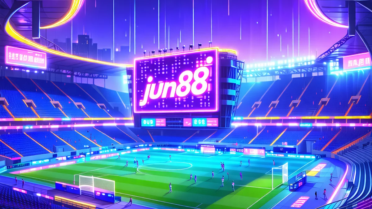 Hình ảnh sân vận động sôi động với các biểu tượng cá cược thể thao của jun88, thể hiện sự đa dạng của các môn thể thao và tỷ lệ cược hấp dẫn.