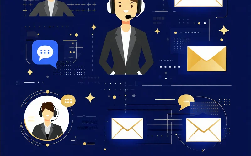 Hình ảnh trung tâm hỗ trợ khách hàng của jun88 với các biểu tượng chat, điện thoại, email, thể hiện sự chuyên nghiệp và sẵn sàng hỗ trợ, màu sắc xanh và vàng chủ đạo.