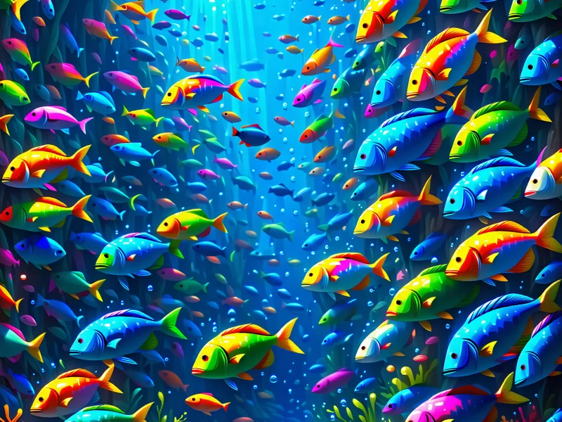 Hình ảnh một đàn cá lớn đang bơi lội trong game bắn cá jun88, mục tiêu hấp dẫn cho người chơi