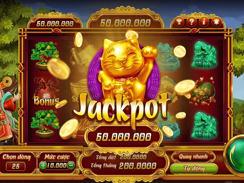 Màn hình trò chơi slot với biểu tượng jackpot lớn và game bắn cá