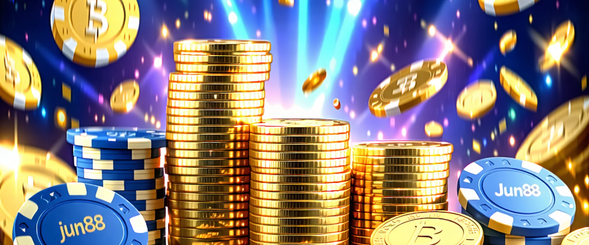 Hình ảnh quảng cáo các ưu đãi hấp dẫn của jun88 với các biểu tượng tiền thưởng và giải thưởng lớn