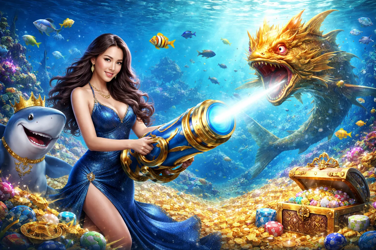 Hình ảnh đại dương rực rỡ với các loài cá và kho báu trong trò chơi bắn cá Jun88