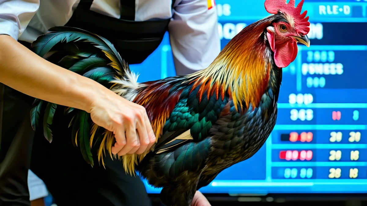 Hình ảnh trọng tài kiểm tra gà trước trận đấu, minh họa luật chơi đá gà tại jun88